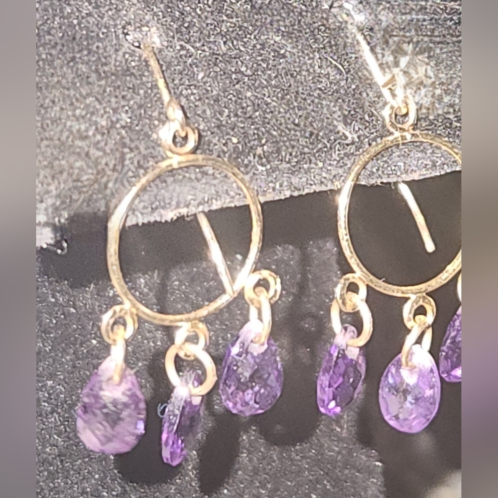 Amythest Briolette Cut Dangle Earrings Set In 14kt Yellow Gold - Picture 5 of 11